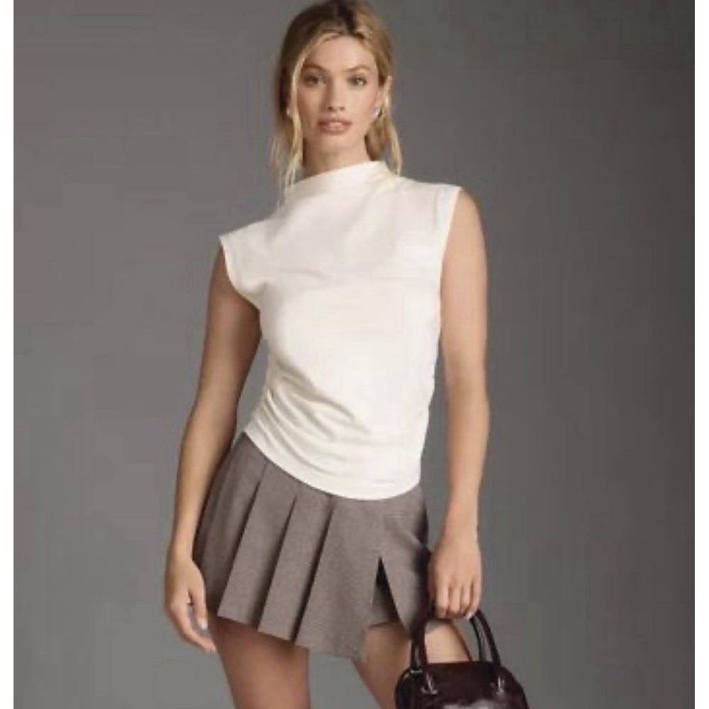 Anthropologie Maeve Mock Neck Shell Top White Ruched Minimalist SZ XS Cropped